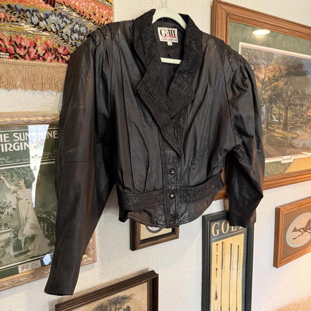 Vintage 80s Global Identity G-III Leather Bomber Black Cropped Designer Jacket M - Picture 2 of 6